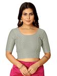 Amazon Brand - Anarva Round Neck Dobby Cotton Lycra Stretchable Elbow Sleeve Readymade Saree Blouse for Women Stylish (Cotton-dobbi-Silver-XL)