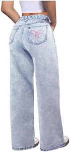 GORGLITTER Girl's Bow Jeans Baggy Jeans Graphic High Waisted Straight Leg Denim Pants with Pockets Light Blue 14Y