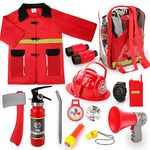 deAO Washable Kids Fireman Costume Role Play Toys with 13 Fire Fighter Toy Accessories, Storage Backpack and Water Shooting Extinguisher - Fancy Dress for Kids & Toddlers Halloween