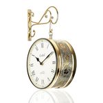 CRAFTEL Metal Roman Dial Railway Clock Double Sided Vintage Analog Wall Clock For Living Room Home And Office (Shiny Gold :12 Inches)