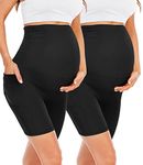 Happy.angel 2 Pack Maternity Shorts Over Belly, Black High Waisted 8" Pregnancy Workout Biker Shorts with Pockets, Black/ Black, Medium