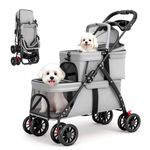 Double Pet Stroller for Small Cats and Dogs, Dog Stroller Layers, One Hand Folding 2 Tier Trolley, Cup Holder & Lockable 4 Wheels Safety Belt Breathable Mesh Multi-Pet Families Travel Camping Grey