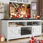 YITAHOME TV Stand for 65 55 Inch TV with Power Outlet, Farmhouse Entertainment Center with Storage Cabinets and Open Shelf, Rustic Media Console TV Cabinet for Living Room, White/Black