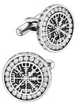 Shining CZ Cufflinks for Men Women, Viking Vegvisir Cuff Links Sets for Business Wedding, Silver Black Stainless Steel Shirt Accessories