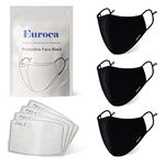 Euroca - Cloth Face Mask, 3 Layers Cotton Face Masks, Adjustable Face Mask Set, Face Masks Reusable & Washable, Face Mask With PM2.5 Filter Sheets (3 Pack Man Black)