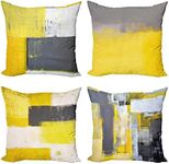 Ambesonne Modern Throw Pillow Cushion Case Pack of 4, Abstract Grunge Themed Geometric Squares with Paintbrush Stroke Effect Ornament, Modern Accent Double-Sided Digital Printing, 20", Yellow and Grey