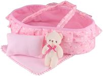 Young Buds Baby Doll Cradle Bassinet Portable Doll Carrier Carry Bag,Soft Pillow Quilt Plush Bear Included,for 9-10-11-12 Inch Alive Baby Doll Reborn Newborn Baby Doll Accessories Gift-wrap