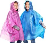 Juvale 10 Pack Disposable Kids Rain Ponchos with Hood, Clear Plastic Raincoats, Pink, Blue (40.5 x 37 In)