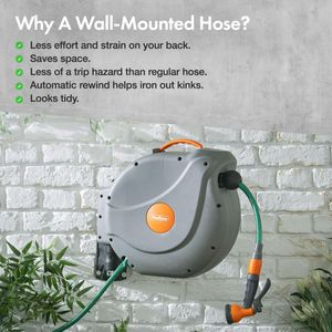 VonHaus 30m Wall Mounted Retractable Hose Reel – Auto Rewind, 8-Function Spray Gun