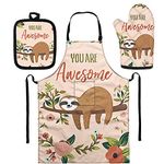 SEANATIVE Aprons Set with Microwave Oven Mitts Pot Holder Set 3 Packs Awesome Sloth Bear Gifts Cooking Long Aprons