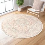 LIVEBOX Pink Round Rug 4ft - Machine Washable Circle Rug for Living Room, Non-Shedding Vintage Circular Carpet Bedroom, Low-Pile Floral Rug Round for Girl's Room Entryway,Round Boho Rug for Office