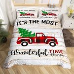 Christmas Truck Duvet Cover Queen Size,Colorful Xmas Check Camper Car Pine Bedding Set for Kids Adults Teens RV Decor,Rustic Farmhouse Wooden Barn Comforter Cover Outdoor Trailer Quilt Cover 3Pcs