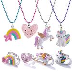 Maeoetty 8Pcs Necklaces Rings Set with Lovely Unicorn Rainbow Heart Charms Kids Pretend Play Dress Up Jewellery Girls Party Favors Gift Toddler Costume Jewellery for Toddler Little Girls