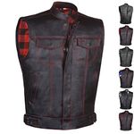 SOA Men's Leather Motorcycle Concealed Gun Pockets Biker Club Vest w/Armor Flannel Red L