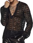 Panegy Men's Transparent Top Long Sleeve Mesh Vest Lace Blouse Mesh Lingerie Slim Shirts Clubwear, Black 2, S