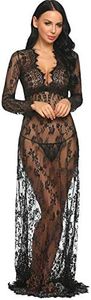 COSYOU Sexy Deep V-Neck Long Sleeve Lace Beach Dress See-Through Maxi Black Dress (L, Black)