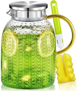 Water Pitcher, 1.8 L Glass Pitcher with Lid, Heat Resistant Glass Jug Juice Jug, Iced Tea Pitcher Juice Pitcher for Fridge, Glass Water Carafe for Milk, Cold or Hot Beverages, Easy Clean Water Jug