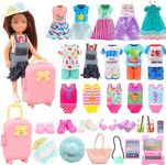 Barwa 25 Pcs 5.3 Inch Doll Travel Accessories - 4 Dress 3 Outfits 3 Swimsuits 1 Luggage Suitcase 3 Shoes 2 Hats 9 Accessories for Mini Sister Doll Travel Playset