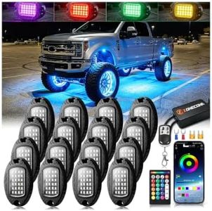 16Pods Metal Alloy RGB LED Rock Lights with APP/Dual RF Remote Control, 384LEDs Underbody Light Dual Zone Multicolor Underglow Lights Kit Neon Light for Jeep Trucks ATV Golf carts Off-Road Vehicles
