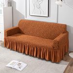 HOKIPO Elastic 3 Seater Sofa Frill Cover Stretchable Slipcover (AR-4648-J4), Caramel Brown