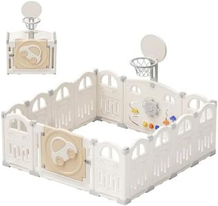 UBRAVOO Parc pour bébé pliable avec mini panier de basket et 50 balles colorées, à thème de voiture pour tout-petits,grand centre d'activités intérieur amusant(14 panneaux,Blanc laiteux)