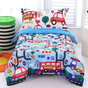 Wowelife Car Toddler Bedding Sets for Boys Blue, Premium 4 Piece Car Toddler Bed Sets for Boys, Super Soft and Comfortable for Toddler, Crib Bed 28 x 52 Inch, Transportation
