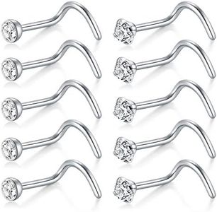 D.Bella Nose Rings 10Pcs 18G Nose Screw Rings Studs Surgical Steel Piercing Jewelry 2mm Clear CZ Silver