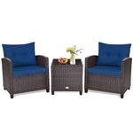 Happygrill 3 Pieces Patio Conversation Set Outdoor Rattan Wicker Bistro Sofa Set Patio Furniture Set with Washable Chair Cushions and Tempered Glass Top Coffee Table,Navy Blue