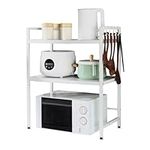 BAOYOUNI 2-Tier Expandable Microwave Oven Rack Stand Over Toaster Baker Shelf Bathroom Kitchen Storage Organizer with Hooks for Cabinet, Counter, Under Sink - Adjustable Width & Layer Height - White