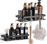 Shower Caddy, Bathroom Shelf Organiser No Drilling, 2 Pack adhesive Shower Shelves, Stainless Shower Storage Rack with 5 Hooks, Bathroom Accessories, Wall Mounted Bathroom Shampoo Holder (Black)