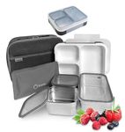 kinsho Steel 3 Portion Lunch Box for Adults and Kids with Insulated Bag and Ice Pack, Large Set or 3 Portion Control Containers, Bento Snack Boxes, Grey Black