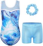 BAOHULU Gymnastics Leotards for Girls Sequins Mesh Spliced Dance Activewear with Matching Shorts, D Marbleblue Set, 4-5 Years