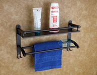 HANDY Bathroom Accessories Heavy Duty Stainless Steel Bathroom Shelf for Wall | 1 Layer Shelves with Towel Bar and Hooks | Black Bathroom Accessories | Bathroom Organizer (16X5X9 inch)