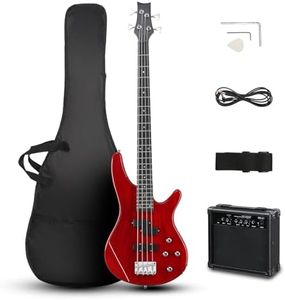 Ktaxon Electric Bass Guitar 4 String Bass Guitar with 20 Watt Amplifier, PJ Type Pickup, Naturally air-dried Maple Neck, Rosewood Fretboard, Basswood Body(Red)