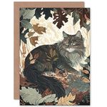 Artery8 Norwegian Forest Cat Resting Under Bush Trees Modern Illustration Art Birthday Sealed Greeting Card Plus Envelope Blank inside