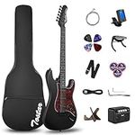 TOSTAR 39 Inch Full Size Electric Guitar Kit Solid Body Electric Guitar Beginner Kits with 10W Amp, Tuner, Capo, Wooden Guitar Stand, 6 String Set, 4 Guitar Picks, Cable, Strap, 600D Bag (Matte Black)