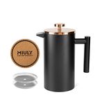 MaxMiuly French Press 1 Litre/8 Cup Cafetiere Black Coffee Press Double Wall Stainless Steel Coffee Maker and Tea Maker with Rose Gold Metal Lid and Extra Replacement Filter Mesh Coaster Mat