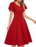 HomRain Casual Ruffle Sleeve V-Neck Dress Semi Formal Knee Length Cocktail Dress for Women,Red M