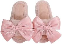 OYOANGLE Women's Cute Bow Decor Solid Slippers Fashion Home Slippers Open Toe Furry Bedroom Slipper Pink CN38-39