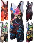 KO Sports Gear - Unisex Wrestling Singlet, Comfortable & Breathable, 4 Way Stretch, Full Range of Youth and Adult Sizes, Day of the Dead, Youth M 50–65 lbs (22.6–29.5 kg)