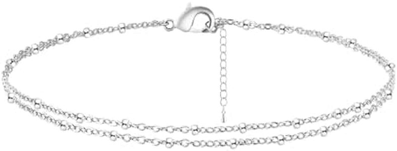 Kyerlyn Silver Layered Dot Anklets Dainty Bead chain Ankle Bracelet Satellite Chain Anklets Cute Beaded Boho Beach Foot Chain Anklet Summer Foot Jewelry for Women