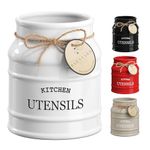 Barnyard Designs Ceramic Utensil Crock Holder for Kitchen Counter, Rustic Farmhouse Countertop Decor, French Country Organizer for Cooking Utensils, Spatulas and Mixing Spoons, White, 6ââ‚¬Â x 6.75"