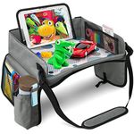 [New Version] Car Seat Organizer Kids Travel Tray for Kids Toddlers Activities in Car Seat, Stroller, Airplane | Touch Screen tablet Holder | Waterproof Dry Erase Top | Side Pocket Grey Blue