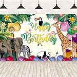 Jungle Safari Birthday Backdrop Banner, Fabric Animal Theme Happy Birthday Party Decorations Tropical Forest Zoo Poster Backdrop for Boys Girls Birthday Party Photo Background Wall Supplies-185*110cm