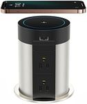 Automatic Pop Up Outlet for Countertop, 4" Diameter Pop Out Outlet with 5W Wireless Charger, 4 AC Outlets & 2 USB Ports Pop Up Power Outlet for Kitchen Island, Office, Workbench, ETL Listed