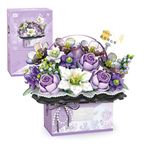 MEIEST Flower Bouquet Building Blocks Model Set,Simulation Artificial Rose Handheld Gift Box for Valentine's Day,Bonsai Plant Building Bricks Toy & Home Decor (Mist Purple)