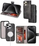 Bayelon Wallet Case for iPhone 15 Pro Max, Full Grain Leather Wallet, Detachable Magnetic Flip Cover, Card Holder, iPhone 15 Pro Max Wallet Case, MagSafe Compatible, RFID Blocking (Smoked Black)