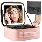 Makeup Travel Train Case with Mirror LED Light 3 Adjustable Brightness Cosmetic Bag Portable Storage Adjustable Partition Waterproof Makeup Brushes Makeup Jewelry Gift for Women (Pink-1)