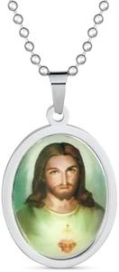 Unisex Personalize Oval Religious Medal Medallion Sacred Heart of Jesus Photo Pendant Necklace for Men Teen Silver Tone Stainless Steel Customizable