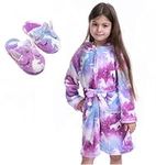 Z-YQL Girls Unicorn Bathrobe Dressing Gown Novelty Hooded Nightgown Fleece Comfy Flannel Soft Robe Sleepwear with Unicorn Slippers